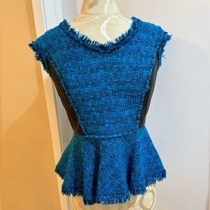 Leather Rebecca Taylor Tweed Turquoise Black Lined Peplum Zip Chic Top 4